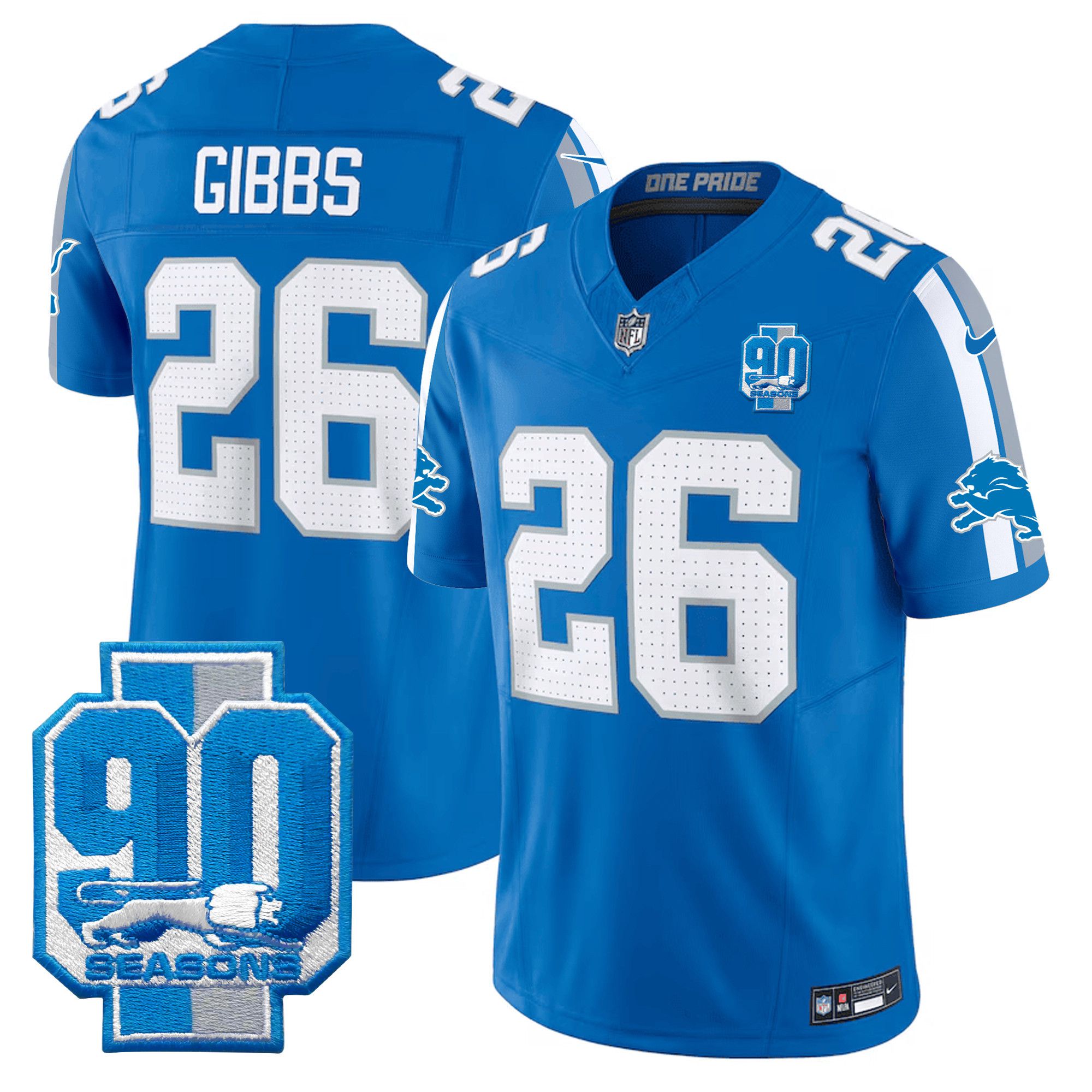Men Detroit Lions #26 Gibbs Blue 2024 Nike 90th Year Patch Vapor Limited NFL Jersey